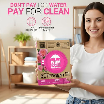 WBM 10-in-1 Laundry Pods, Total 128 Count, High Efficiency, Ultra Concentrate with Powerful Stain Lifter Technology, Fabric Softener With Rose Extracts, Detergent Pods - size: 128 Count (Pack of 1)