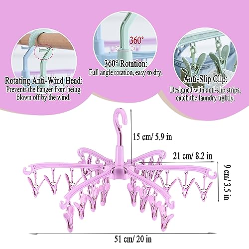 Clothes Drying Hanger with 24 Clips,Foldable Hanging Rack 2 PCS - color: Pink 2