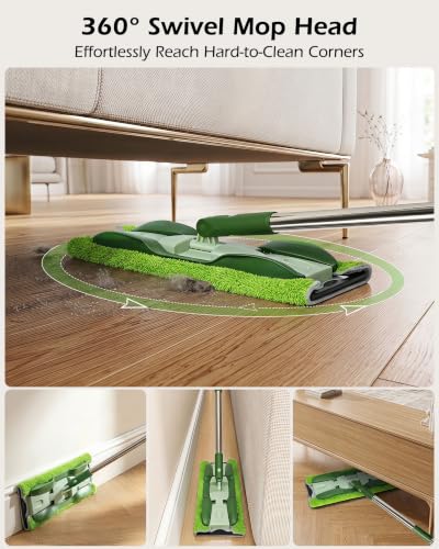 Microfiber Mop - Flat Floor Mops Wet Dry Dust Mop with 4 Washable Pads - size: Green(15"*5.3")