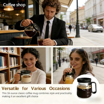 16 Oz Glass Coffee Pot Mug, Heat Resistant Clear Cup with Handle & Spill-proof Lid, Large Capacity Ultra Portable Travel Office Mug, Comes with Straw & Cleaning Brush, Ideal Gift for Coffee Lovers