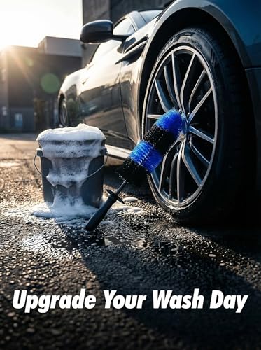 TAKAVU Wheel & Tire Brush, Long Soft Bristle, Easy Reach for Rims (Blue) - color: Blue & Black
