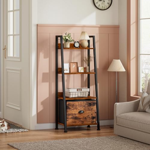 Furologee 4 Tier Ladder Shelf, Small Bookshelf with Drawer, Rustic Brown - color: Rustic Brown, size: 4-Tier, 15" W