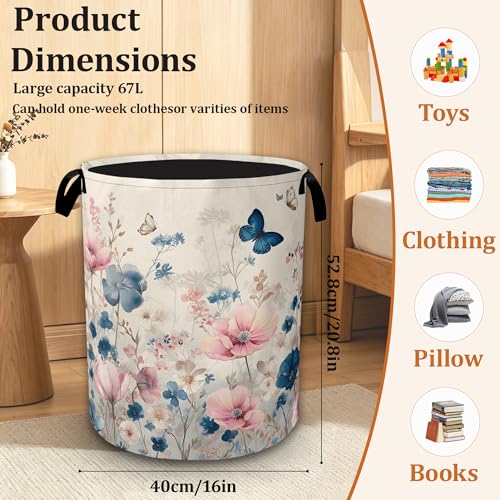 Summer Butterfly Wildflowers Collapsible Laundry Basket with Handles, Large Capacity Clothes Hamper, Waterproof Oxford Cloth Storage Basket for Laundry Room Bathroom - color: Butterfly Wildflowers Pink