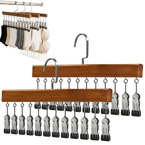 2Pcs Closet Organizer with 12 Clips, Legging Hangers for Closet Organizer, 360° Rotating Metal Clips with Silicone Lining, Multi-Purpose Storage Hanger for Jeans Skirts Socks (Vintage)