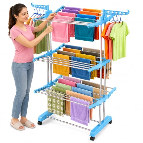 Clothes Drying Rack, 3-Tier Folding Stainless Steel Laundry Rack with Side Wings Indoor & Outdoor Use Space-Saving Design (Blue) Large ABS Steel
