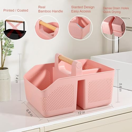 Plastic Shower Caddy Portable Shower Basket with Bamboo Handle, Pink - color: Pink