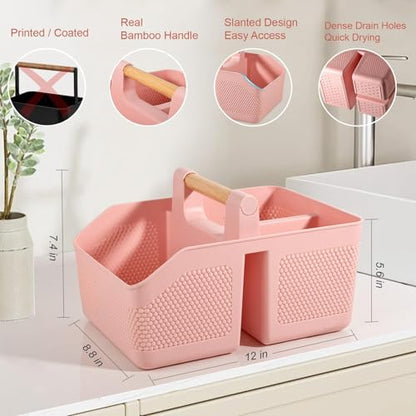 Plastic Shower Caddy Portable Shower Basket with Bamboo Handle, Pink - color: Pink