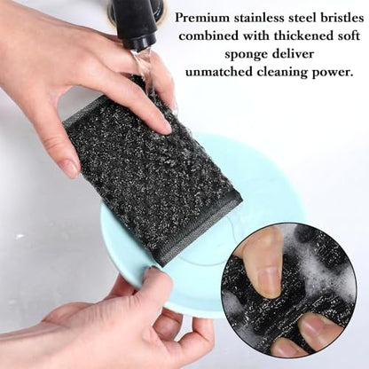 6 Pack Steel Wool Scrubber Sponge Scouring Pad Kitchen Metal Sponge,Black - color: Black, Diamond Pattern