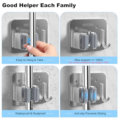 2 Pack Broom Holder Wall Mount, 304 Stainless Steel Mop Organizer with Hook - color: A-Silver, size: 2PCS Gripper