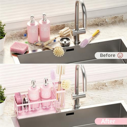 MASADI Pink &Silver Kitchen Dish Soap Dispenser Set with Sponge Holder, 12OZ Glass Bottle, Hand and Dish Soap Dispenser Set, Non-Slip Silicone Pad, Brush Holder, Kitchen Sink Organizer Countertop - color: All Pink