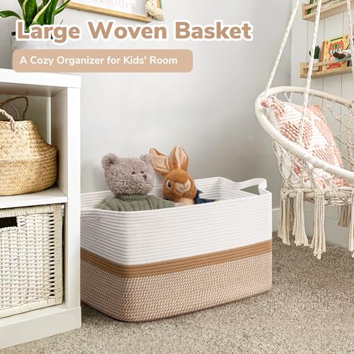 Goodpick Large Woven Rope Blanket Basket, Rectangle, White & Camel Mix - color: White & Camel Mix, size: Large(21.6"L x 14.9"W x 11.8"H)