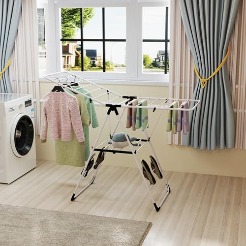 Tangkula Clothes Drying Rack, Collapsible Laundry Rack with Hanging Rods, Shoe Hangers, Adjustable Gullwing and Foldable Design for Space-Saving, Stainless Steel Clothing Shelf