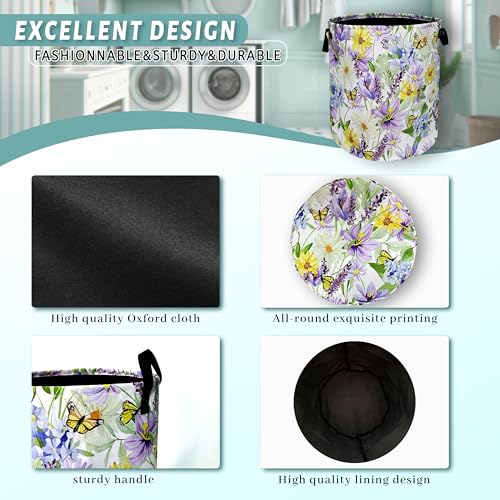 Purple Flower Butterfly Laundry Basket Oxford Cloth Hamper 18.9"x16.5" - color: Purple Flower With Yellow Butterfly