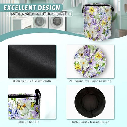 Purple Flower Butterfly Laundry Basket Oxford Cloth Hamper 18.9"x16.5" - color: Purple Flower With Yellow Butterfly