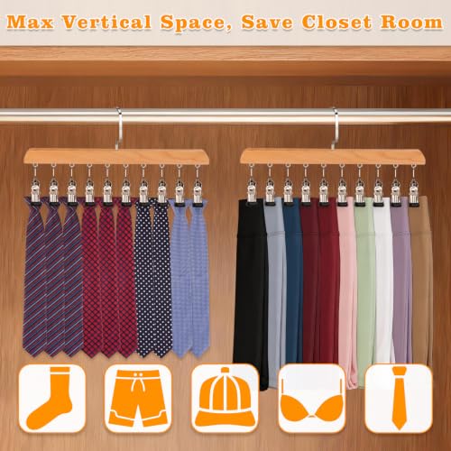 2 Pack Wooden Closet Organizer with 10 Clips, Space Saving Hanging Clothes Hanger, Vintage Wood Clothespins for Jeans Skirts Scarves Hats Socks