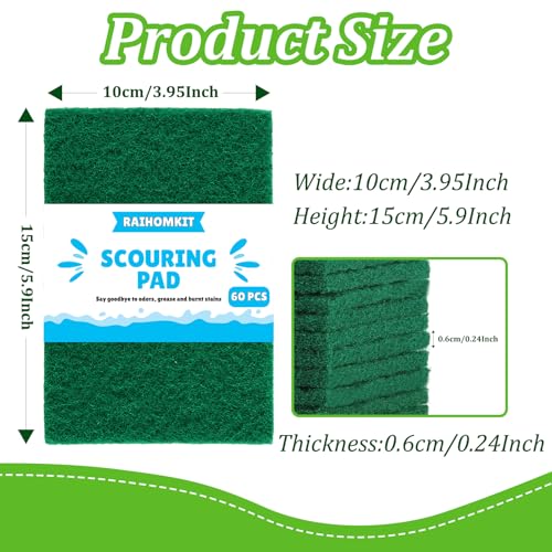 60 PCS Scouring Pads Heavy Duty, Reusable Multipurpose Scour Pads, 5.9 x 3.95 inch Household Scrub Pad for Cleaning, Green Dish Scrubber Scrubbing Pad for Dishes Sink Kitchen Metal Grills