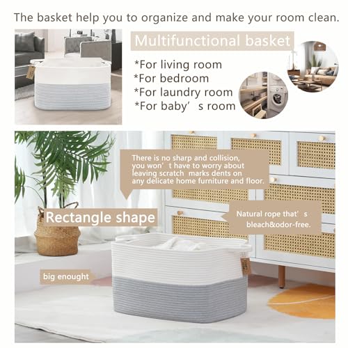 COMFY-HOMI Large Rectangular Blanket, Cotton Rope Woven for Storage, LaundryHamper, Storage,Toy Organizing Bin with Handle, Organizer and Storage-22x15x12- - color: White/Grey, size: 22''x15''x12''