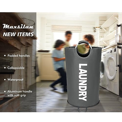 Maxsilan 125L X-Large Laundry Basket Bag, Collapsible Tall Hamper, Dark Grey - color: Dark Grey, size: 125L