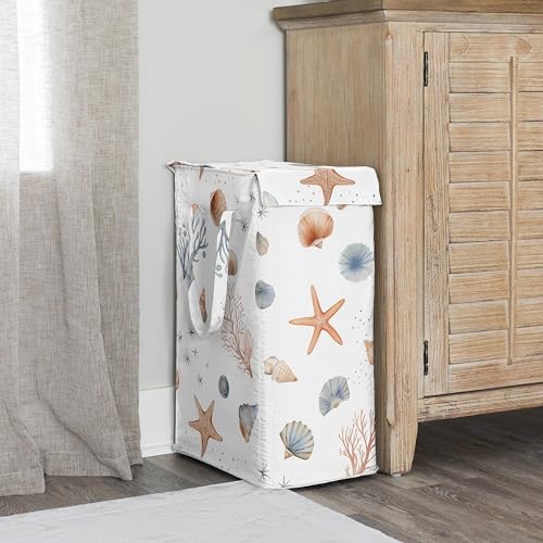 Sweet Jojo Designs Laundry Hamper (Ocean Seashells) for Boys and Girls, Foldable Dirty Clothes Basket with Handles for Baby Nursery, Kids Bedroom, Teen Bathroom (Nautical, Beach Theme, Watercolor) - color: SeaShell