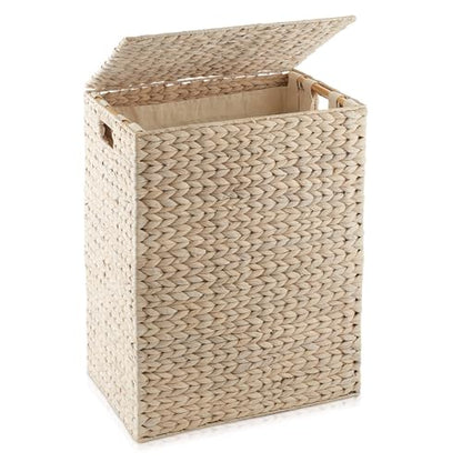 Casafield Large Laundry Hamper with Lid and Removable Liner Bag - Whitewash White, Woven Water Hyacinth Rectangular Laundry Basket Clothes Sorter - color: Whitewash