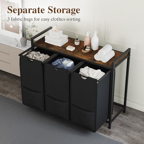 Laundry Sorter, Black, 3-Section, 36.6x13x28.5 in - size: 3 Bags-145.5L / Rustic Brown + Black