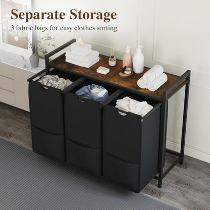Laundry Sorter, Black, 3-Section, 36.6x13x28.5 in - size: 3 Bags-145.5L / Rustic Brown + Black