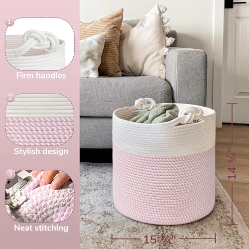 Goodpick Woven Rope Blanket Basket Living Room, 40L, Pink - color: Pink, size: 15 × 14.2 inches