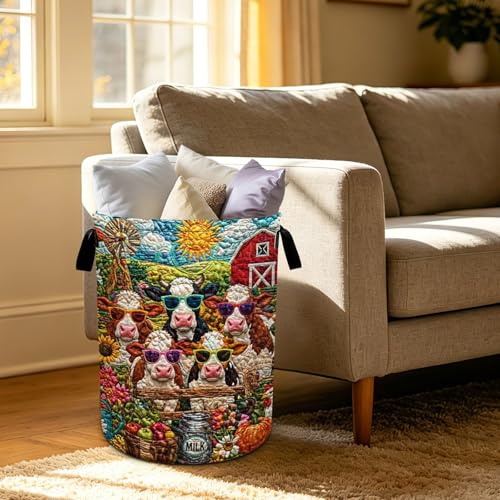 Cow Laundry Basket Foldable Oxford Laundry Hamper With Handle For Room Bathroom Bedroom - color: Cow
