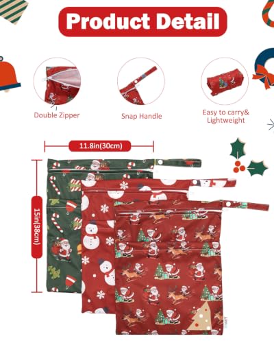 ALVA 3 Pack Wet Dry Bags for Cloth Diapers, Swimsuits & Gym Clothes, Waterproof Reusable Baby Diaper Bag with 2-Zippered Compartments, Hanging Strap, Machine Washable, Medium for Dayca - color: Christmas Coloe 52