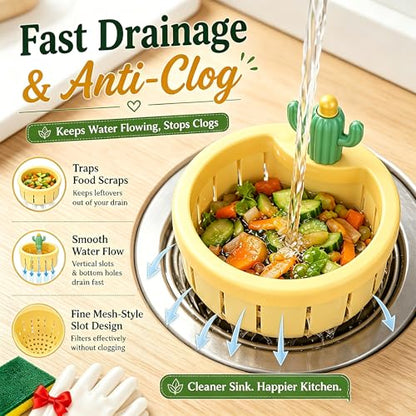 2 Cactus Kitchen Sink Drain Strainer,Anti-Clogging Kitchen Drainer with - color: Green + Yellow