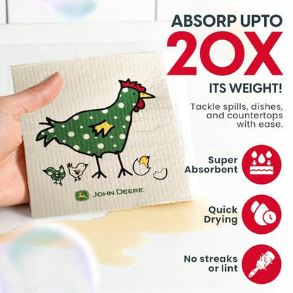 Wet-It! John Deere Chix Chickens - Swedish Dishcloth Reusable Towel Set for Kitchen | Biodegradable Absorbent Cleaning Washcloths for Dishes, Household Surfaces | Washable, & Quick Drying | 2-Pack - color: Chix Towle