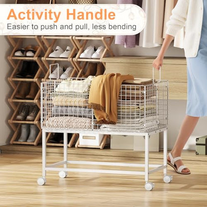 Large Rolling Laundry Basket Cart,Wire Laundry Hamper Cart with Handle and Wheels,White High Laundry Hamper for Laundry Room,Bedroom and Bathroom-120L White (29.5"L*19.7"W*27.95"H inch) - color: White, size: 29.5*19.7*27.95inch