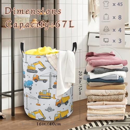 Cute Excavator Laundry Basket,Car Foldable Oxford Cloth Laundry Hamper with Handles Waterproof Dirty Clothes Storage Basket for Bathroom Bedroom Dorm Room 16" x 20.8" - color: Cute Excavator Car