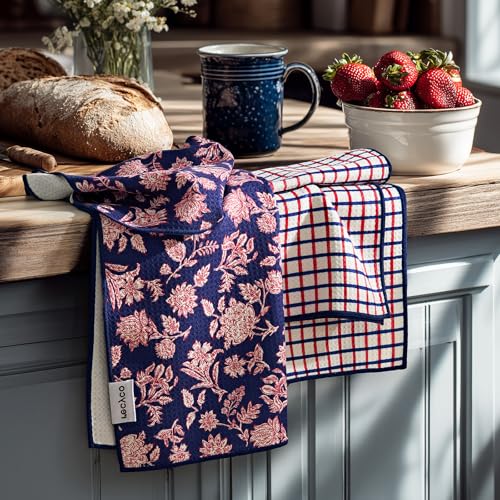 RECYCO Waffle Kitchen Towel Set of 2 - Quick Dry Microfiber Sustainable Dish Towels - Ultra Absorbent Reusable Cleaning Tea Towels - Lightweight Hand Towels,16”x 28”, Americana Bloom - color: Americana Bloom