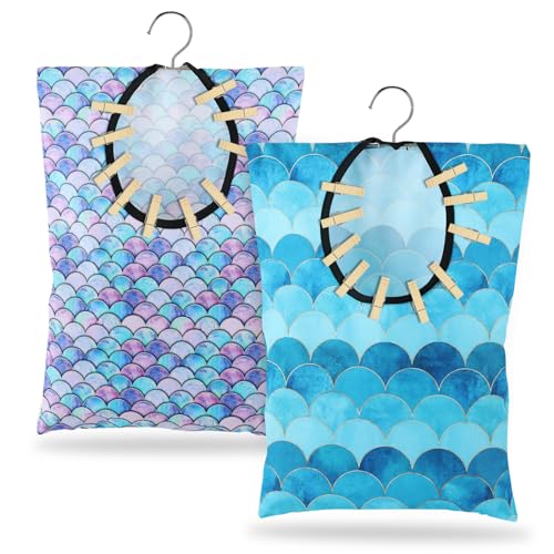 YLOLUL 2 Pcs Summer Clothes Pin Bag - Mermaids Clothespin Holder 15 X 11 Inch Hanging Bag for Clothesline & Laundry Room - color: Mermaids