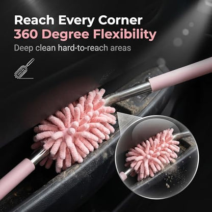 2 PCS Car Interior Duster with Extension Pole, Microfiber Bendable Head Telescopic Cleaning Tool, Scratch Free for Vehicle Interior & Exterior, Universal for Most Cars, Trucks, SUVs (Pink)
