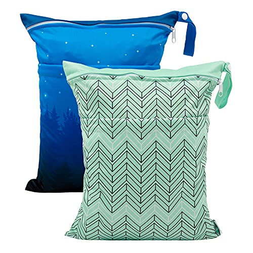 ALVA ALVABABY 2pcs Cloth Diaper Wet Dry Bags Waterproof Reusable with Two Zippered Pockets Travel Beach Pool Daycare Soiled Baby Items Yoga Gym Bag for Swimsuits or Wet Clothes LX-AMD0912 - color: 04 Elephant and night Wolf