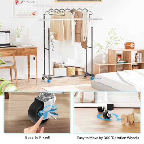 VICERII Double Clothing Rack, 130LB Capacity Heavy Duty Garment Rack with Wheels and Bottom Shelf, 55.51 Inch Long Rolling Clothes Racks for Hanging Clothes, Black - color: Black, size: Double