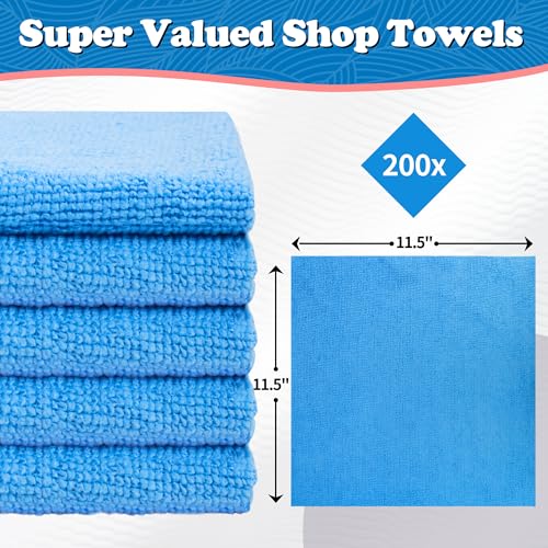 FIXSMITH Shop Towels, Microfiber Cleaning Cloth Bulk, 200 Pack Microfiber Towels for Cars, All-Purpose Absorbent Cleaning Rags, Dust Cloth for Automotive, Mechanic, Garage, Bar, 11.5 x 11.5 inch - color: Blue, size: 200PK