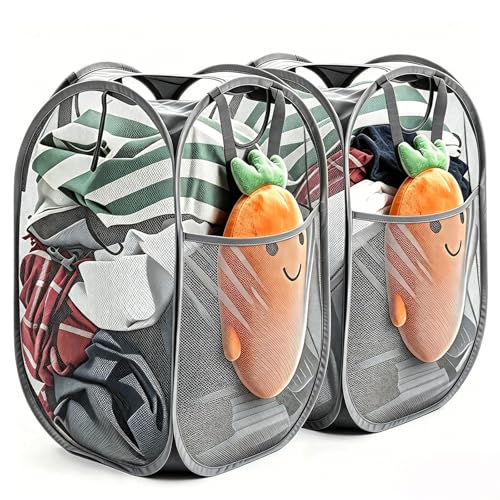 HOUSE AGAIN 2Pack Strong Mesh Pop Up Laundry Hamper, 70L Collapsible Laundry Basket with Steel Frame, Double‑Stitched Handles & Side Pocket, Foldable Dirty Clothes Hamper for Dorm, Bedroom, Grey - color: Gray, size: 2-Pack