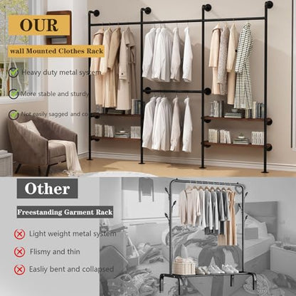 HOMEKAYT Industrial Pipe Clothes Rack, Wall Mounted Clothing Rack with Shelves, Heavy Duty Multi-Purpose Storage Clothes Hanging Shelf - 94.5''L Black - color: black, size: 94.5''L-C