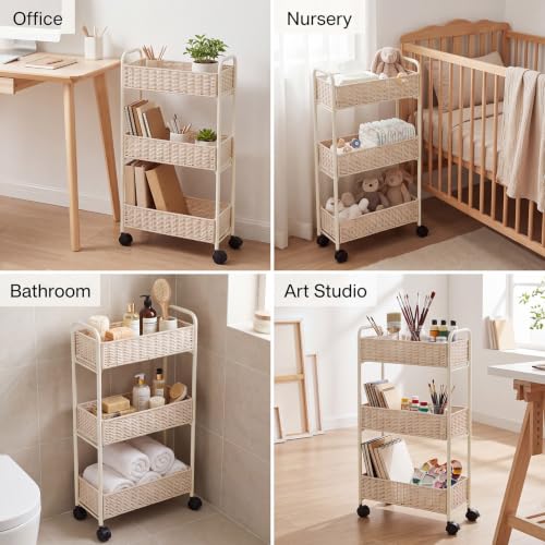 FOCHIER F Utility Slim Storage Cart,3-Tier Rolling Kitchen Office Laundry Room Cart with Wheels,Mobile Shelving Unit Organizer for Living Room,Bathroom, Baby Diaper,Art,Dining Room Narrow Places - color: White Wash