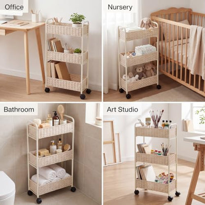 FOCHIER F Utility Slim Storage Cart,3-Tier Rolling Kitchen Office Laundry Room Cart with Wheels,Mobile Shelving Unit Organizer for Living Room,Bathroom, Baby Diaper,Art,Dining Room Narrow Places - color: White Wash