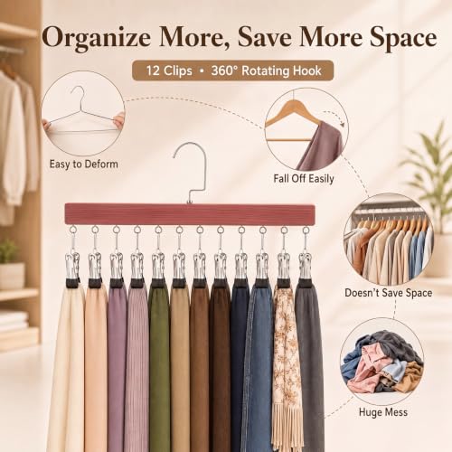Novabright 2 Pack Cedar Hangers with 12 Clips, 360° Rotating Multi Clip Hangers for Closet, Wooden Hanging Space Saving Organizer for Leggings Pants Jeans Socks Hats Scarves Bras Accessories