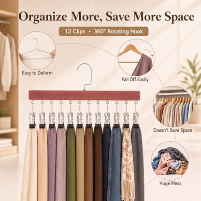 Novabright 2 Pack Cedar Hangers with 12 Clips, 360° Rotating Multi Clip Hangers for Closet, Wooden Hanging Space Saving Organizer for Leggings Pants Jeans Socks Hats Scarves Bras Accessories