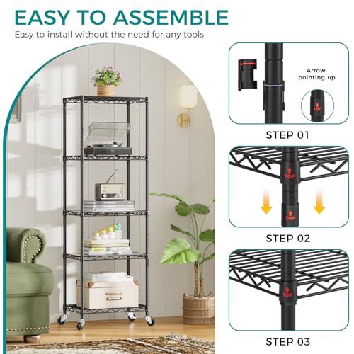 SINGAYE 5 Shelves Storage Shelf Wire Shelving Unit Metal Adjustable Wheels - color: Black, size: 5Tier/11.5"D X 17.5"W X 57"H