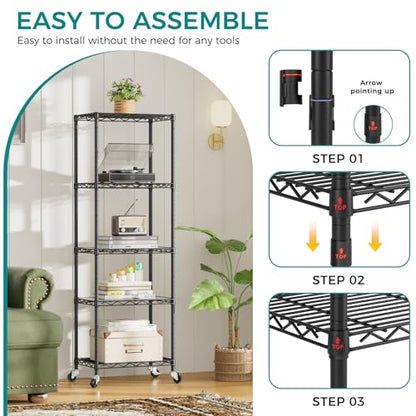 SINGAYE 5 Shelves Storage Shelf Wire Shelving Unit Metal Adjustable Wheels - color: Black, size: 5Tier/11.5"D X 17.5"W X 57"H
