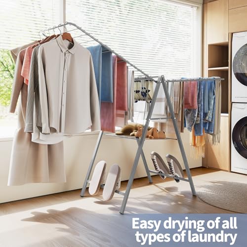 APEXCHASER 6 Height Adjustable Clothes Drying Rack with Shoe Slots, Grey - color: Gray