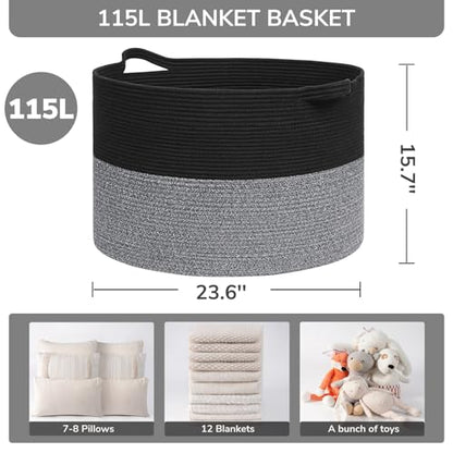 INDRESSME 115L Extra Large Woven Rope Blanket Basket Living Room Black Grey - color: Black & Grey, size: 23.6"D x 15.7"H