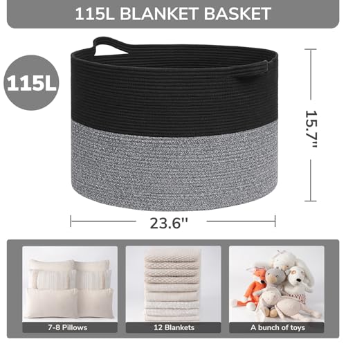 INDRESSME 115L Extra Large Woven Rope Blanket Basket Living Room Black Grey - color: Black & Grey, size: 23.6"D x 15.7"H